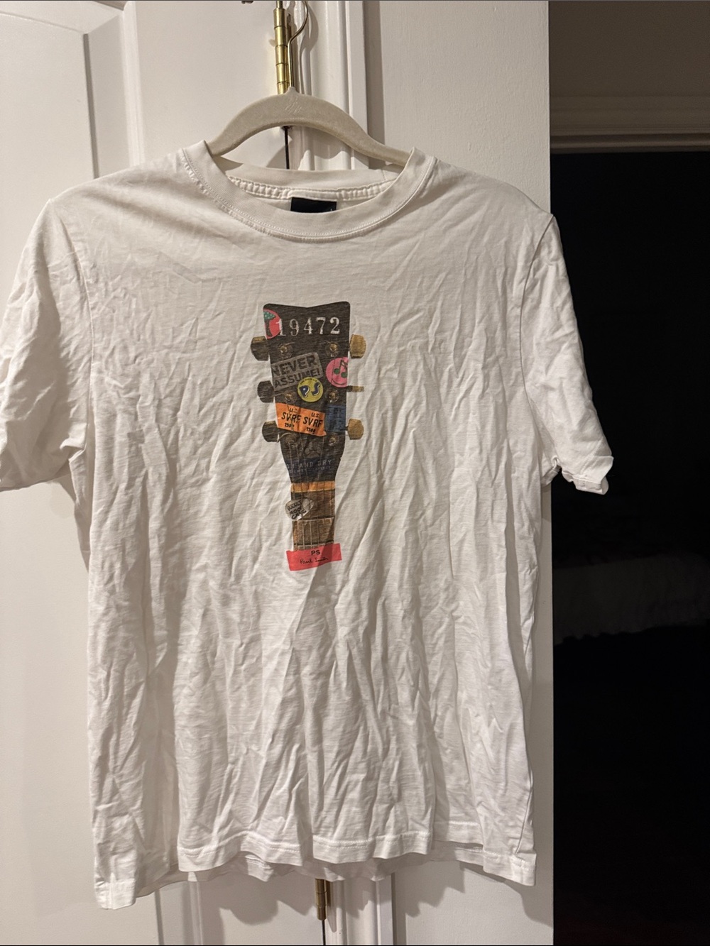 Paul Smith White Short Sleeve Tee with Guitar Head Graphic SZ L Slim Fit